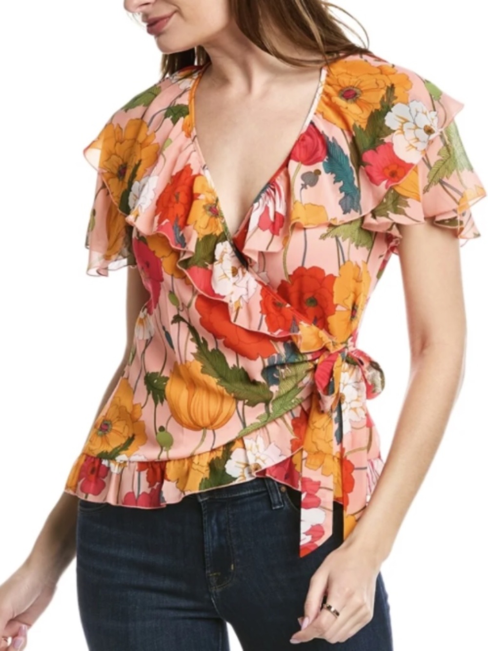 Trina Turk Spicy Top Ruffled Short‎ Sleeve Wrap Top / Size L